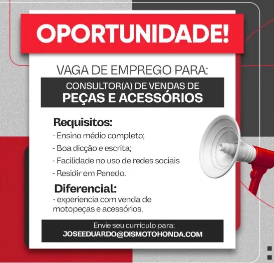 Vaga de consultor de vendas em Penedo